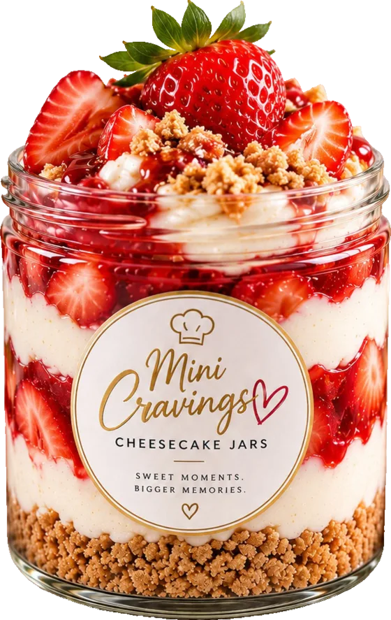 A Mini Cravings strawberry cheesecake jar